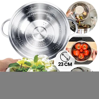Zdjęcie produktu dla Durszlak cedzak sitko kuchenne stal nierdzewna 23 cm metalowy z uchwytami do makaronu warzyw owoców
