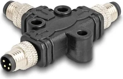 Productafbeelding van Delock M8 T-stuk, A-gecodeerd, 4-polig, 1x mannelijke connector naar 2x mannelijke connectoren, parallellyntak