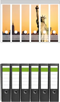 Produktbild von Wallario 6 Stück breite Ordner inkl. Klebeetiketten mit Motive Freiheitsstatue New York -  Set mit Rückenschildern / Ordnerrücken Stickern