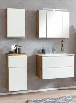 Produktbild von Badezimmer Set mit Waschbecken und LED Beleuchtung, Wotan Eiche Nb. mit weiß matt, VASTO-03-WHITE, B/H/T ca. 135/200/47 cm