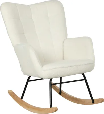 Produktbild von Schaukelstuhl, Schaukelsessel mit Berbervliesoptik, Armlehne, Gepolsterter Sessel mit Holzkufen, Relaxsessel für Wohnzimmer, Schlafzimmer, bis 120kg belastbar, Weiß
