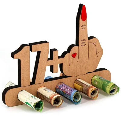 Productafbeelding van Houten bord voor geldcadeau, 18e verjaardag, humoristisch, met standaard. 17+1. Decoratie voor de 18e verjaardag. Afmetingen: 17,5 x 12,5 cm