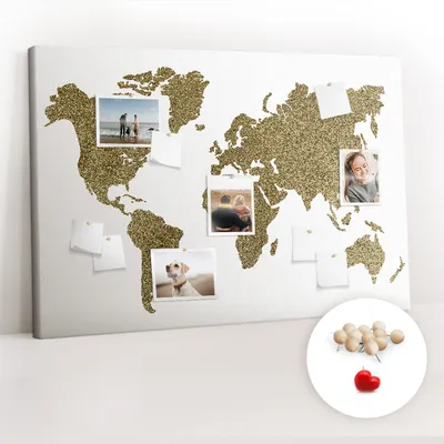 Obrázek produktu pro Korková nástěnka s kolíčky - Tabule s kolíky pro fotografie a poznámky - 120x80 cm - Připínáčky dřevěné 100 kusů - Mapa světa
