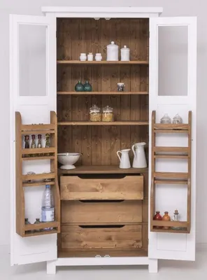Produktbild von Casa Padrino Landhausstil Esszimmerschrank Weiß / Naturfarben 96 x 65 x H. 220 cm - Massivholz Küchenschrank mit 2 Türen - Esszimmer Möbel im Landhausstil - Landhausstil Esszimmer Einrichtung