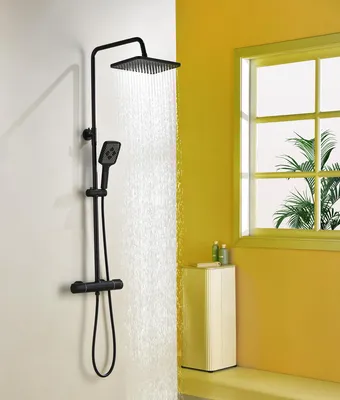 Duschsystem mit Thermostat, schwarz, 88-125 cm, Regendusche 30x20 cm