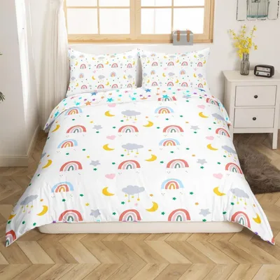 Zdjęcie produktu dla Komplet pościeli dla dzieci, motyw: tęcza, gwiazdy, księżyc, rozmiar 155x220 cm, 1 poszewka na poduszkę, wielokolorowy