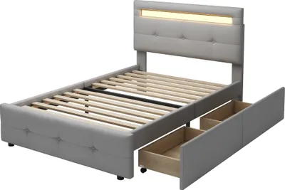 Produktbild von Polsterbett 90x200cm(Ohne Matratze) Einzelbett Kinderbett Jugendbett Gästebett Mit LED-Leuchten Mit 2 Schubladen  Leinenpolsterung Grau
