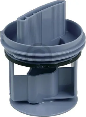 A close-up studio shot of a gray washing machine drain filter.