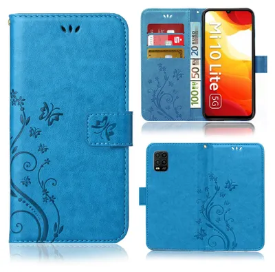 Produktbild von Handy Tasche für Xiaomi Mi 10 lite Schutz Hülle Handyhülle mit Blumenmuster Klapp Hülle mit Standfunktion und Kartenfächer Farbe: Blau