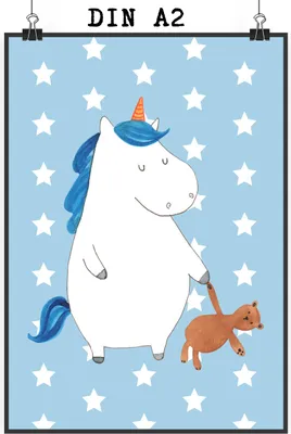 Produktbild von Mr. & Mrs. Panda Bild Einhorn Teddy DIN A2 - Blau Pastell - Geschenk, Einhörner, Kunstdruck, schlafen, Wandbild, drucke, wanddeko, Bett, Unicorn, Träumen, Plakat