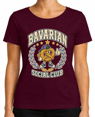 Imagen del producto de Camiseta del , estilo bávaro, con diseño de pretzel. Pantalones de cuero tradicionales. Camiseta para mujer, color burdeos, talla M