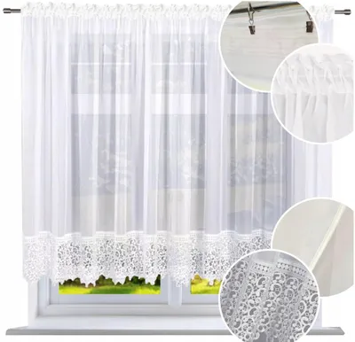 A white sheer curtain with lace trim hanging in a window.