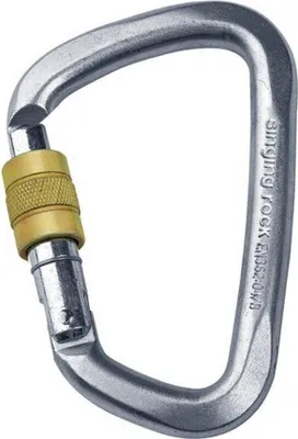 Stahlkarabiner D Steel Connector Trilock von singing rock; silber mit gelbem Verschluss.
