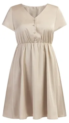 Produktbild von Damen Kleid Beige Größe S mit V-Ausschnitt und kurzen Ärmeln aus seidig-glänzendem Material