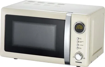 A cream-colored retro-style microwave oven is shown against a white background.