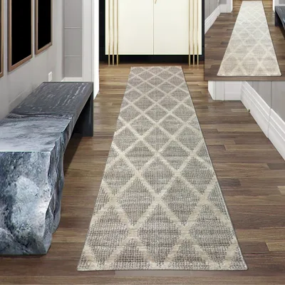 Produktbild von Schlafzimmer Teppich – schlichtes Rautenmuster – in creme Größe - 80 x 300 cm