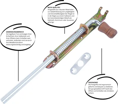 Produktbild von BAUSTER® Türriegel 300mmBolzenriegel Riegel Riegelschloss Verzinkt Schrauben Schlossriegel Federriegel Wetterfest Holzgriff Stallriegel Für gartentor