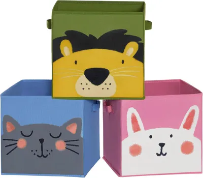 Productafbeelding van Opbergboxen voor kinderen - Set van 3 opvouwbaar - Dierenmotieven - 30 x 30 x 30 cm - Roze en blauw