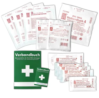 Produktbild von Austauschset Sterilteile für Verbandkästen und Erste-Hilfe-Koffer DIN/EN 13 157 für Betriebe inkl. steriler Pinzette und Verbandbuch