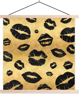 Produktbild von MuchoWow® Textilposter Muster - Kuss - Gold - Schwarz 60x60 cm mit holzfarbenen Rahmen - Wanddekoration