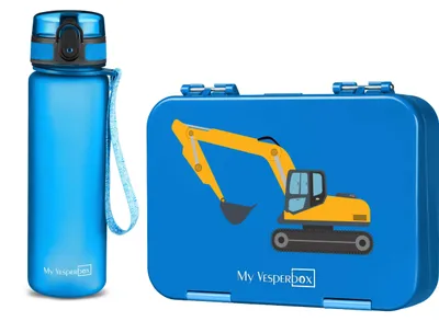 Produktbild von Brotdosen-Set Len Blau Bagger-Design auslaufsicher BPA-frei für Schule & Kindergarten mit 750ml Sprudelflasche
