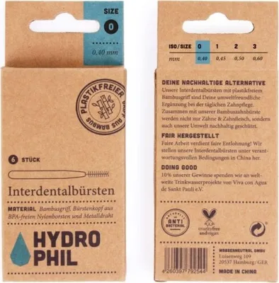 Produktbild von Hydrophil Nachhaltige Interdentalbürsten aus Bambus, Bambus, China, Bisphenol A (BPA), Schiebe die Zahnzwischenraumbürste vorsichtig in den Spalt zwischen zwei Zähnen. Bewege die..., 6 Stück(e), Box