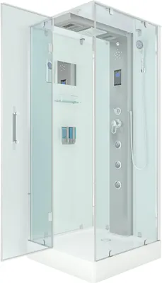 A modern shower cabin with glass doors and a control panel.