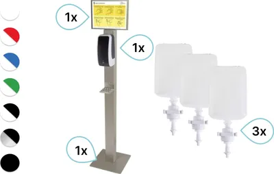 Produktbild von SET: Desinfektionsspender SENSOR Cosmos +Bodenständer Edelstahl +Infotafel +3x 1-Liter Hautdesinfektion +prof. Hygieneplan : Farbe - Schwarz / Weiß Farbe: Schwarz / Weiß