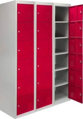 Produktbild von MonsterShop - 3 x 6 -türiger Fächerschrank Umkleideschrank Schließfachschrank Spind Garderobenschrank Stahlspind Stahlschrank Aufbewahrungsschrank Schrank Locker 45cm D x 38cm W x 180cm H Rot