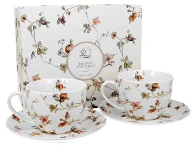 Produktbild von FLORAL 2er-Set Tassen 280 ml mit Untertassen aus New Bone China Porzellan
