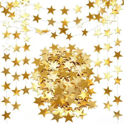 8er-Set Glitter-Stern-Girlanden, Papier, Gold, 4 m
