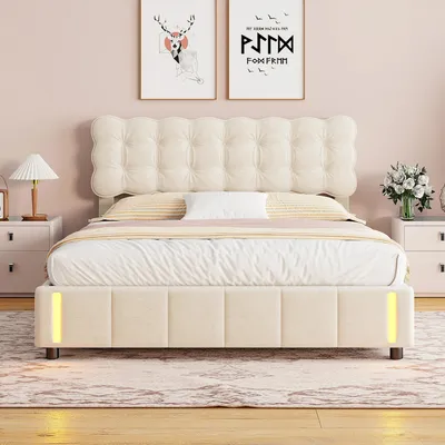 Zdjęcie produktu dla Łóżko tapicerowane – stelaż – 140 x 190 cm – z schowkiem – aksamit – metalowa rama – bez materaca – beżowe