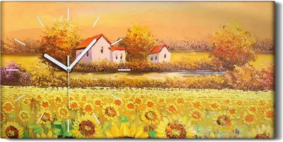 Produktbild von Wanduhr Bürouhr Leinwand Bild 60x30 Malerei Wiese Sonnen Blumen Bäume Landschaft - weiße Hände