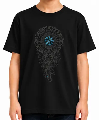 Image de T-shirt pour enfant, noir, avec des motifs vikings : runes, boussole Vegvisir, loup, Valknut, mythologie nordique, taille 128