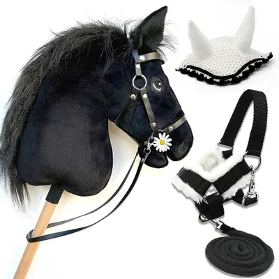 Productafbeelding van Hobby Horse set "Stormy" met manen, hoofdstel, longeerlijn en witte kap - Formaat A3