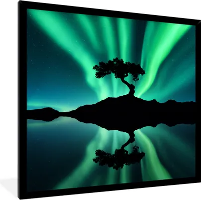 Produktbild von MuchoWow® MuchoWow® Gerahmtes Poster Nordlicht - Silhouette - Baum 40x40 cm - Poster mit zchwarzem Bilderrahmen - Mit Rahmen - Wanddekoration Schlafzimmer