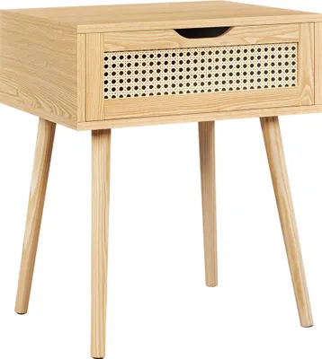 Produktbild von Yaheetech Nachttisch Rattan Beistelltisch mit 1 Schublade Nachtkommode Holzbeine Sofatisch Nachtschrank Schlichte Nachtkommode fürs Wohnzimmer/Schlafzimmer, Hellbraun