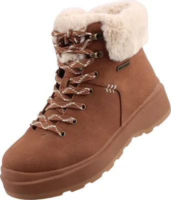 A single brown boot with white laces and faux fur trim.