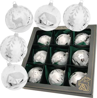 Produktbild von Krebs Glas Lauscha 9er Set Weihnachtskugeln - Glaskugelsortiment in Eislack Silber - Größe: 8cm - mundgeblasen & handdekoriert