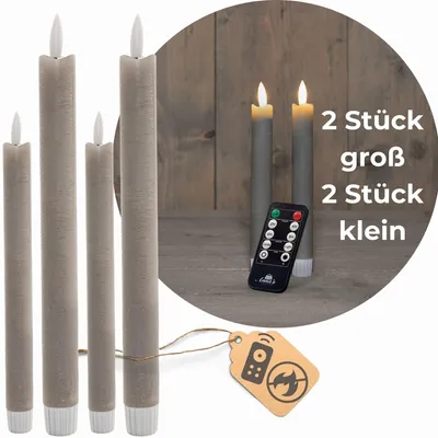 Produktbild von Sparset Stabkerzen LED mit Timer Klein+Groß TAUPE GRAU 4 Stück indoor - 6 Stunden ECHTWACHS 18cm+23cm Höhe für Kerzen 2,2cm Durchmesser 2 AAA Batterien notwendig LED Stabkerzen flackernde Flamme