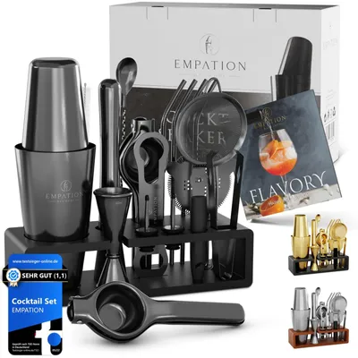 Productafbeelding van Cocktailset Boston cocktailshaker - 825 ml - 18-delig - Roestvrij staal - Zwart