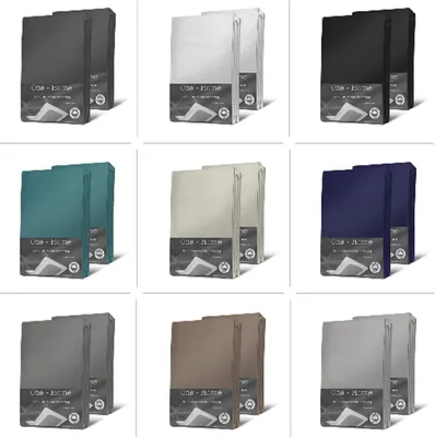A grid of product images showcasing different colors of jersey fitted sheets.