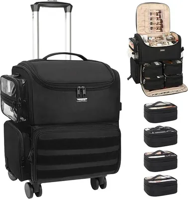 Produktbild von Rollender Make-up Koffer, Kosmetikkoffer mit Rädern + 4 transparenten Taschen, Profi Set für Make-up-Künstler – Kosmetik-Organisierer mit verstellbaren Trennwänden, 360°-Drehrollen, Schwarz
