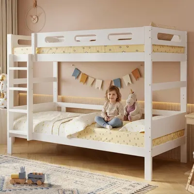 Produktbild von Holzbett, Etagenbett, Kinderbett, schlichtes Design, mit Leiter & Absturzsicherung, stabiler Lattenrost, Weiß, 90x200cm