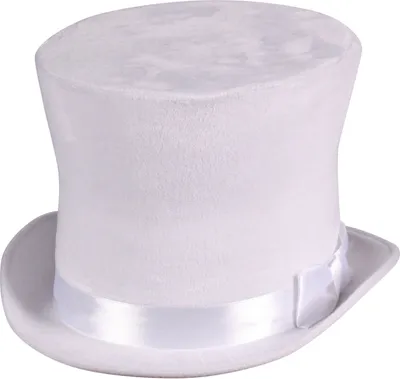 A white top hat with a satin ribbon around the base.