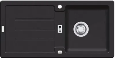 A top-down view of a black kitchen sink with a drain and faucet.