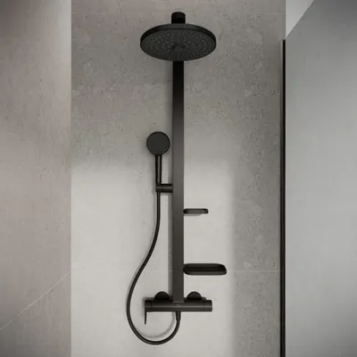 Produktbild von Ideal Standard Alu+ Duschsystem mit Ceraflow Brausearmatur, 2 Ablagen, 2-Funktions-Handbrause und 2-Funktions-Kopfbrause