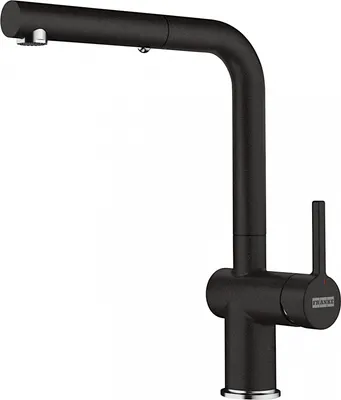 A black kitchen faucet against a white background.