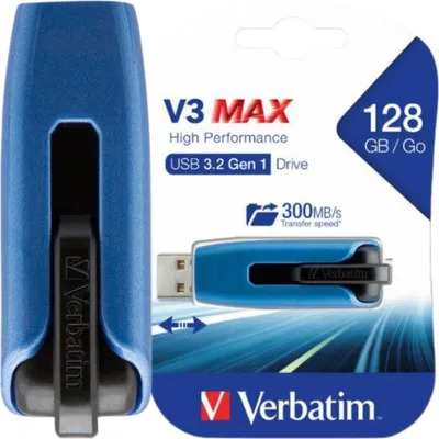 Zdjęcie produktu dla Verbatim Store 'n' Go V3 Max, 32 GB, USB Typu-A, 3.2 Gen 1 (3.1 Gen 1), 175 MB/s, Łożysko tulejowe, Niebieski
