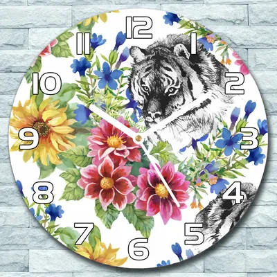 Produktbild von Wanduhr aus Glas Rund fi 30 Tiger und Blumen Quarz Deko Wohnzimmer Büro